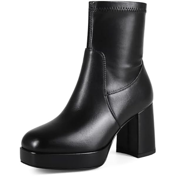 Square Toe Boots for Women Stretch Booties Ankle Boots Platform Chunky Boots Ladies