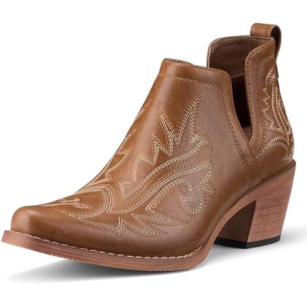 Cowboy Ankle Booties for Women, Cowgirl Short Boots with Chunky Stack Heels, V Cutout Ladies Western Booties for Cowboy Chic Style
