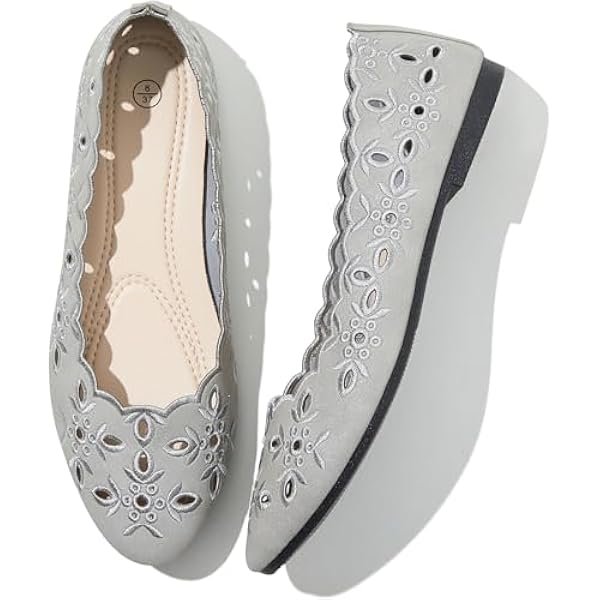 Women's Comfortable Dress Shoes Ballet Flats Slip On Shoes Black Flats Round Toe PU Leather Flats Summer with Floral Eyelets