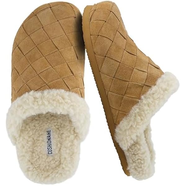 Cliché Genuine Suede Woven Mule Slippers for Women Indoor and Outdoor - Slip On Faux Fur Lining Women Footwear for Comfort