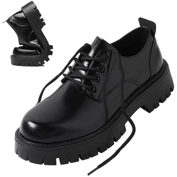 Men's Leather Lace Up Platform Oxfords Round Toe Chunky Heel Lug Sole Heightening Soft Bottom Derby Casual Shoes Classic Work Office Business Dress Shoes