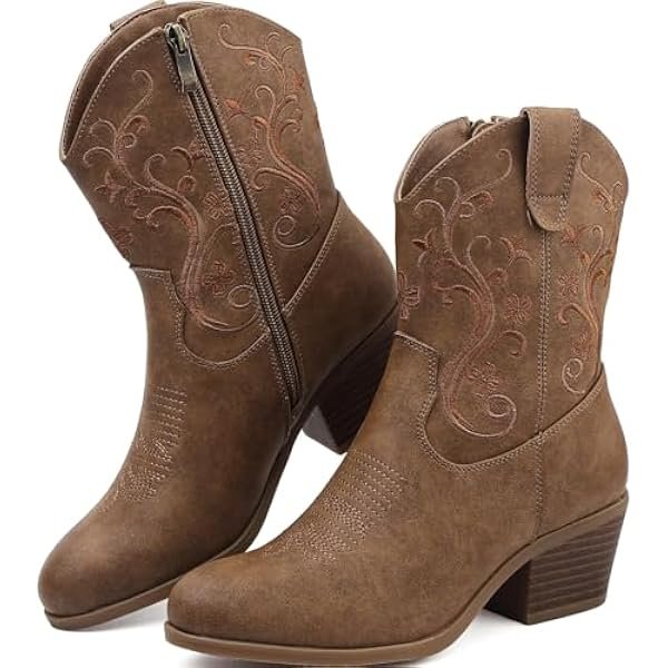 Women’s Western Short Cowboy Boots, Cowgirl Ankle Boots with Embroidered Design and Side Zipper