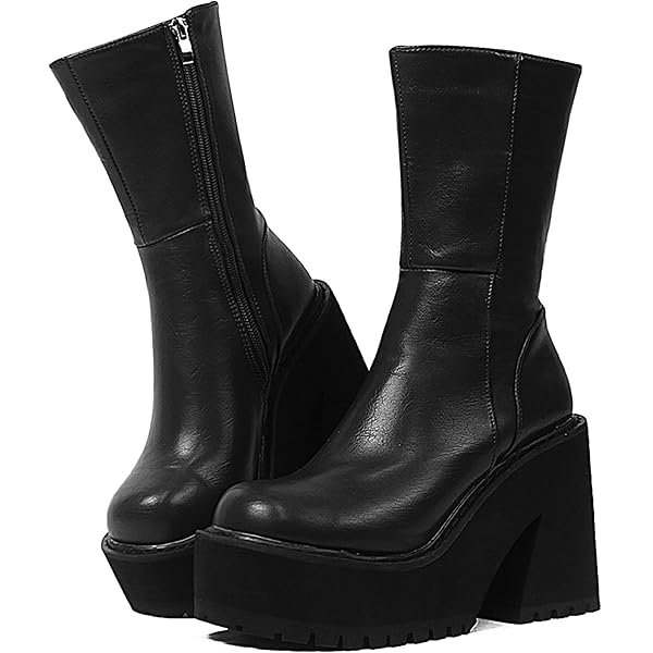 Womens Wedge Heel Ankle Boots Platform Zipper Punk Motorcycle Booties Chunky Block High Heel Round Toe Fashion Work Combat Boots Mid Calf For Women